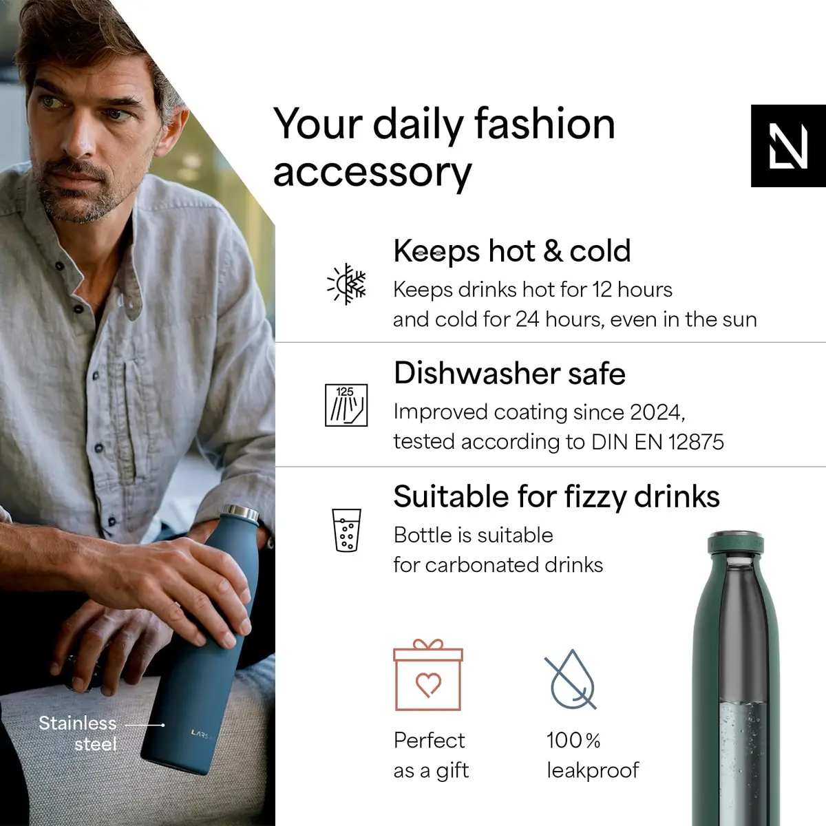LARS NYSØM Stainless Steel Insulated Water Bottle 34oz | Vacuum & Leakproof Design for Active Use - view 2