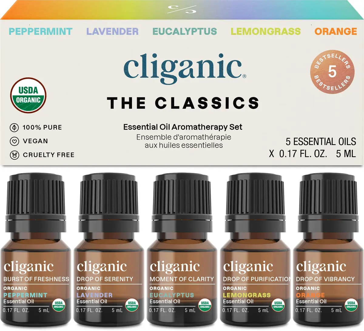 Cliganic Organic Essential Oils Set for Home Diffuser, 0.17 Fl Oz | USDA Certified, 100% Pure, Top 5 - main product image