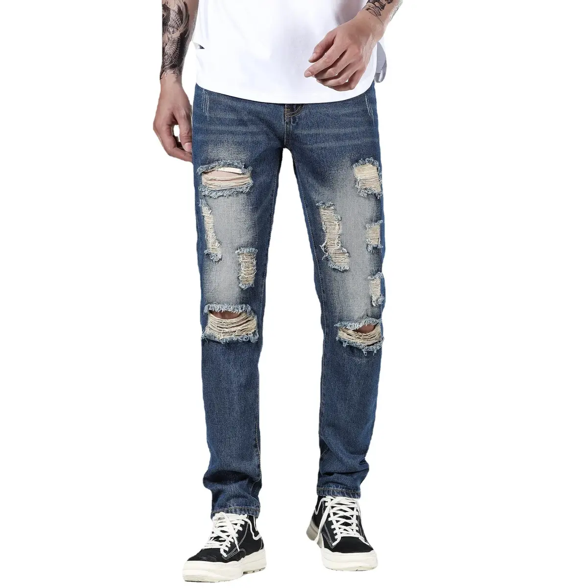 Liuhond Men's Ripped Distressed Straight Fit Washed Denim Jeans Pants 34 | Cool Moto Style - view 2