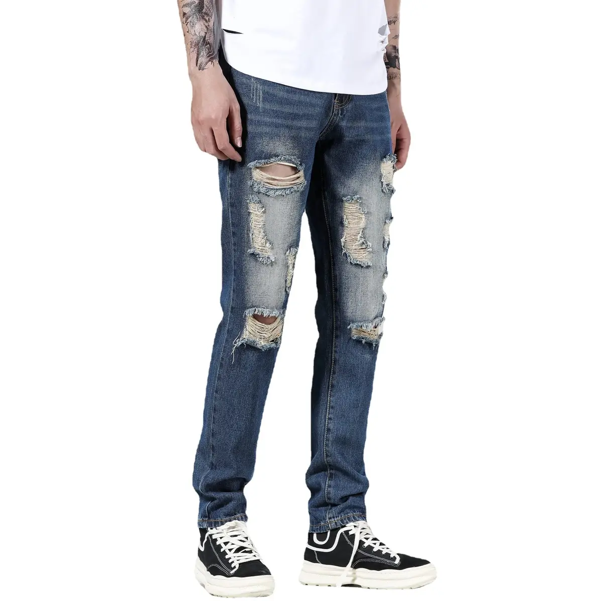Liuhond Men's Ripped Distressed Straight Fit Washed Denim Jeans Pants 34 | Cool Moto Style - view 4