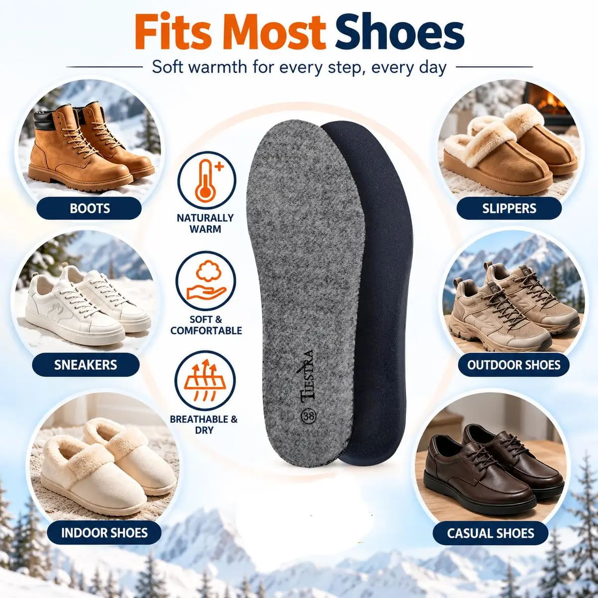 TIESTRA Merino Wool Insoles for Women Fur Comfort Warm Shoes Inserts Grey Eu38/Us7 | Natural Warmth & Breathability - view 7