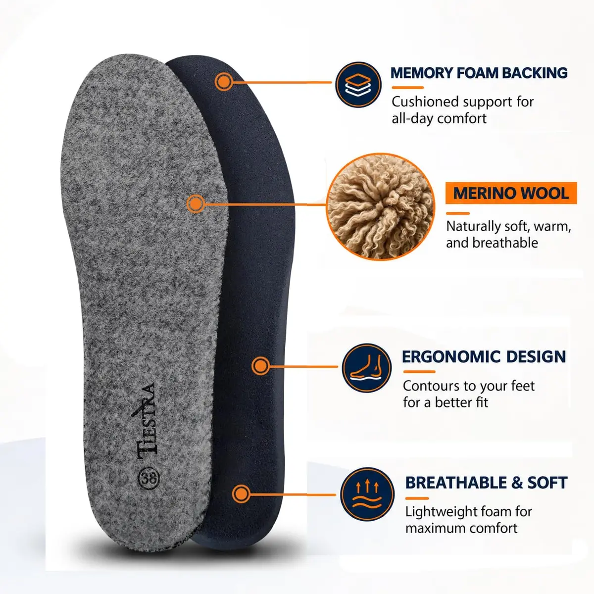 TIESTRA Merino Wool Insoles for Women Fur Comfort Warm Shoes Inserts Grey Eu38/Us7 | Natural Warmth & Breathability - view 2