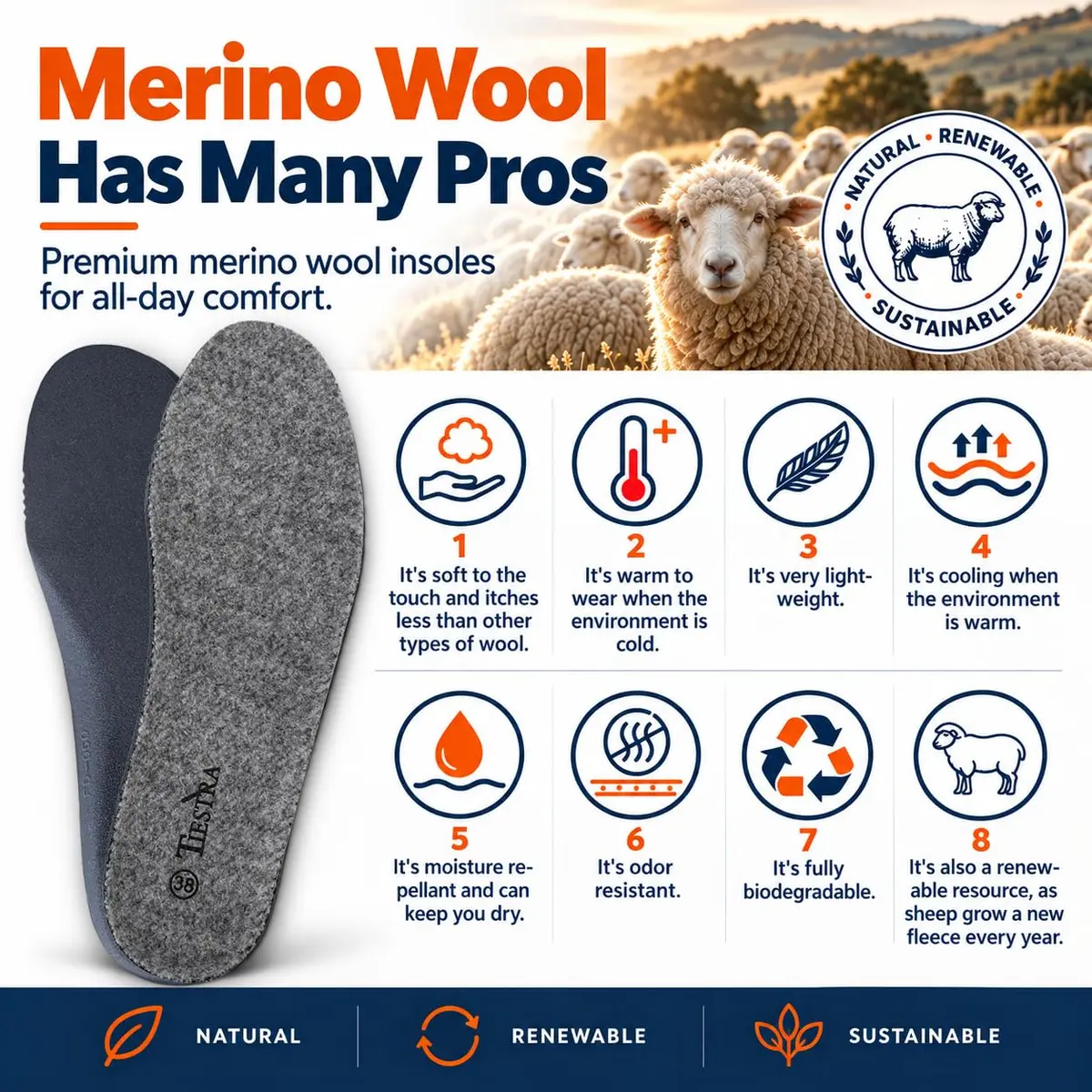 TIESTRA Merino Wool Insoles for Women Fur Comfort Warm Shoes Inserts Grey Eu38/Us7 | Natural Warmth & Breathability - view 3