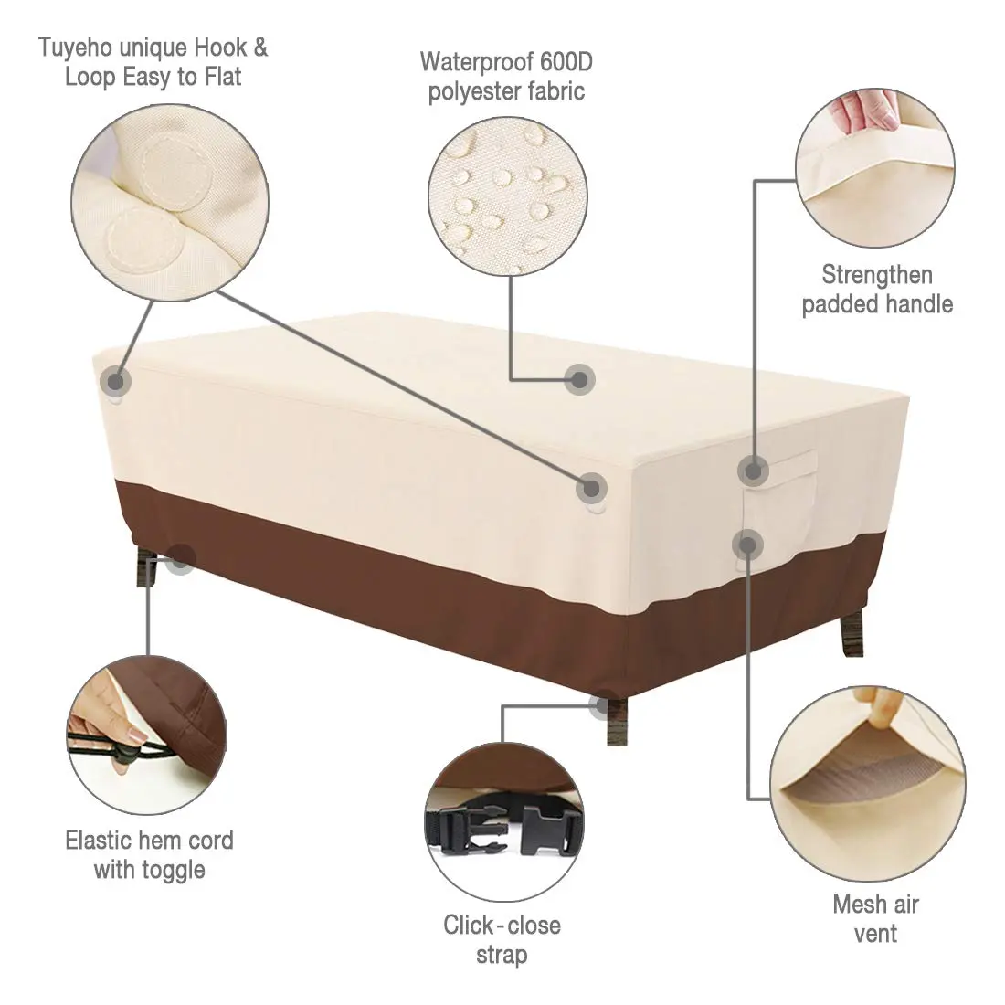 Tuyeho Heavy Duty 900D Outdoor Patio Furniture Table Cover Waterproof Beige 188cm x 122cm x 71cm (74"L x 48"W x 28"H) | Protects Furniture Year-Round - view 5