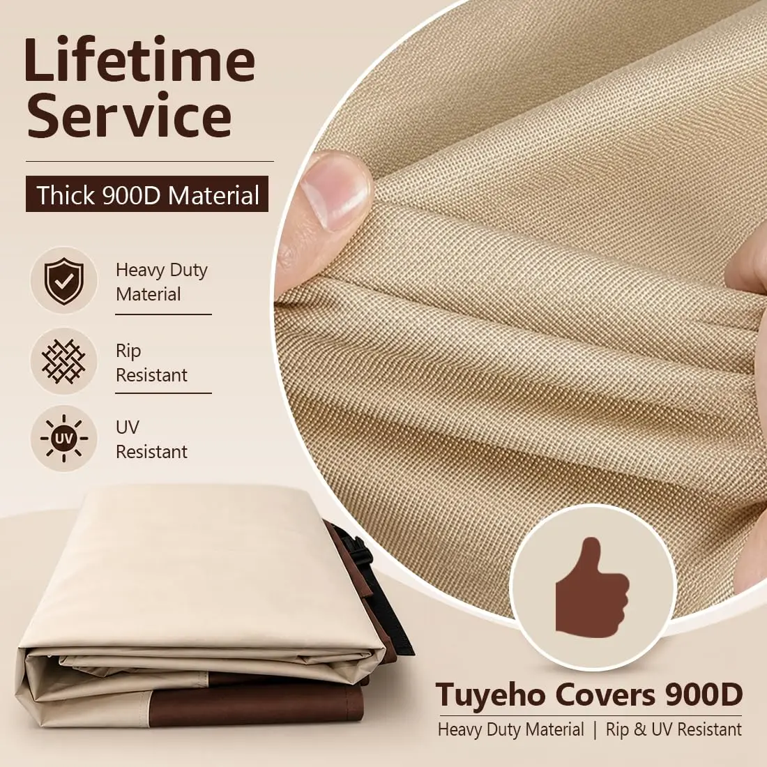 Tuyeho Heavy Duty 900D Outdoor Patio Furniture Table Cover Waterproof Beige 188cm x 122cm x 71cm (74"L x 48"W x 28"H) | Protects Furniture Year-Round - view 2