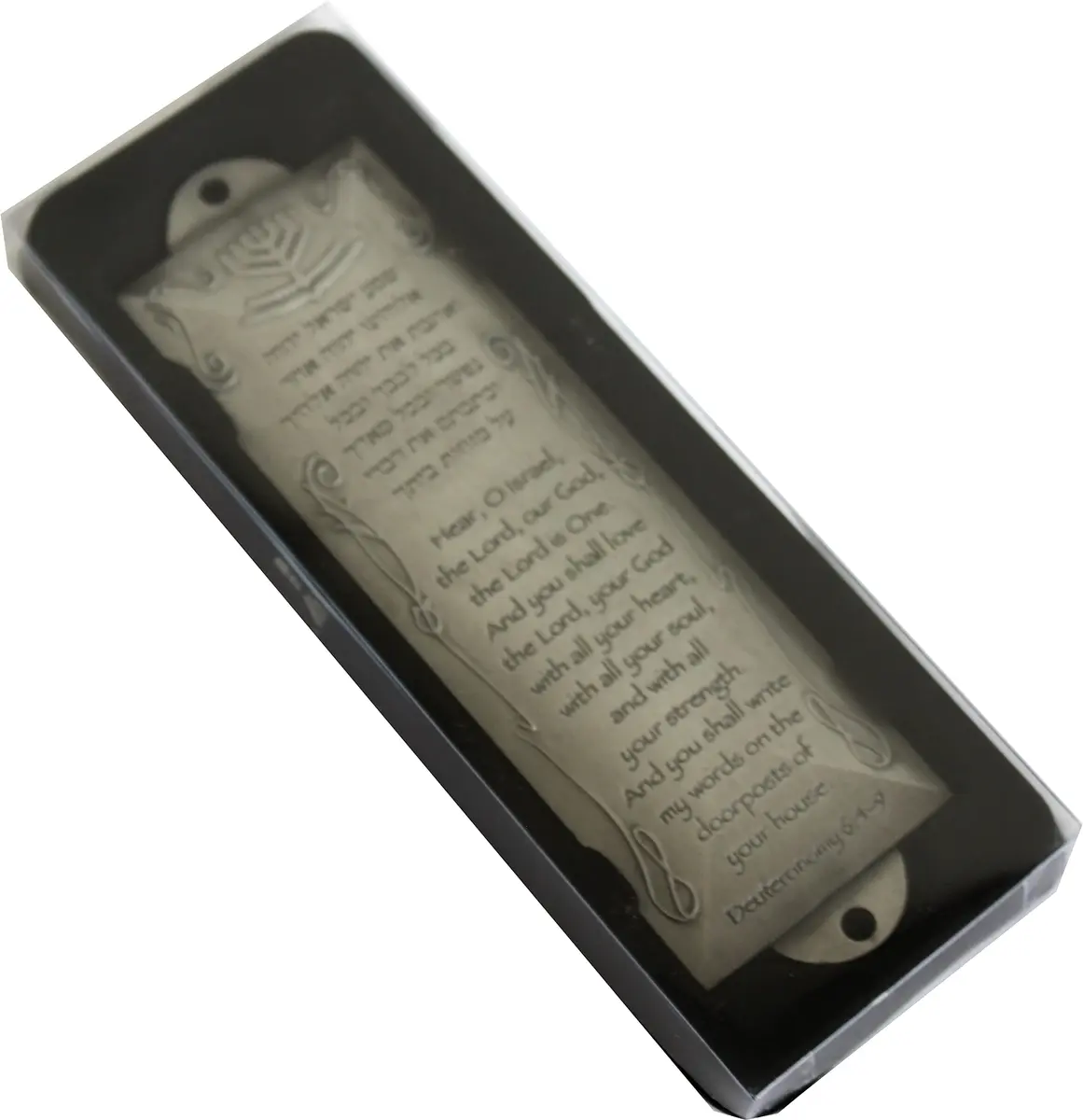 Holy Land Market Pewter Mezuzah with Scroll & English/Hebrew Design | Authentic Judaica for Doorposts - view 5