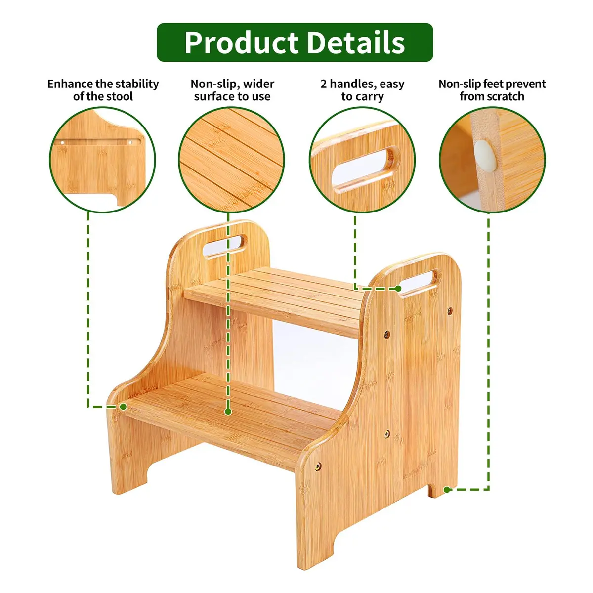 VaeFae Bamboo 2-Step Stool | Natural Bamboo, Stable & Non-Slip, Easy Assembly (70-120 chars) - view 3