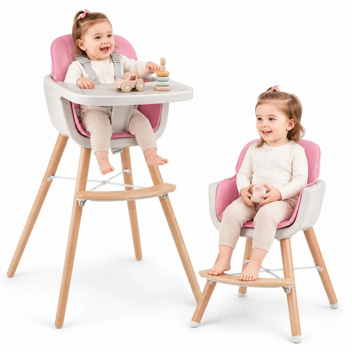 HONEY JOY Baby High Chair, 6-in-1 Wooden Highchair for Babies & Toddlers, Pink | Convertible, Removable Tray & 5-Point Harness - main product image