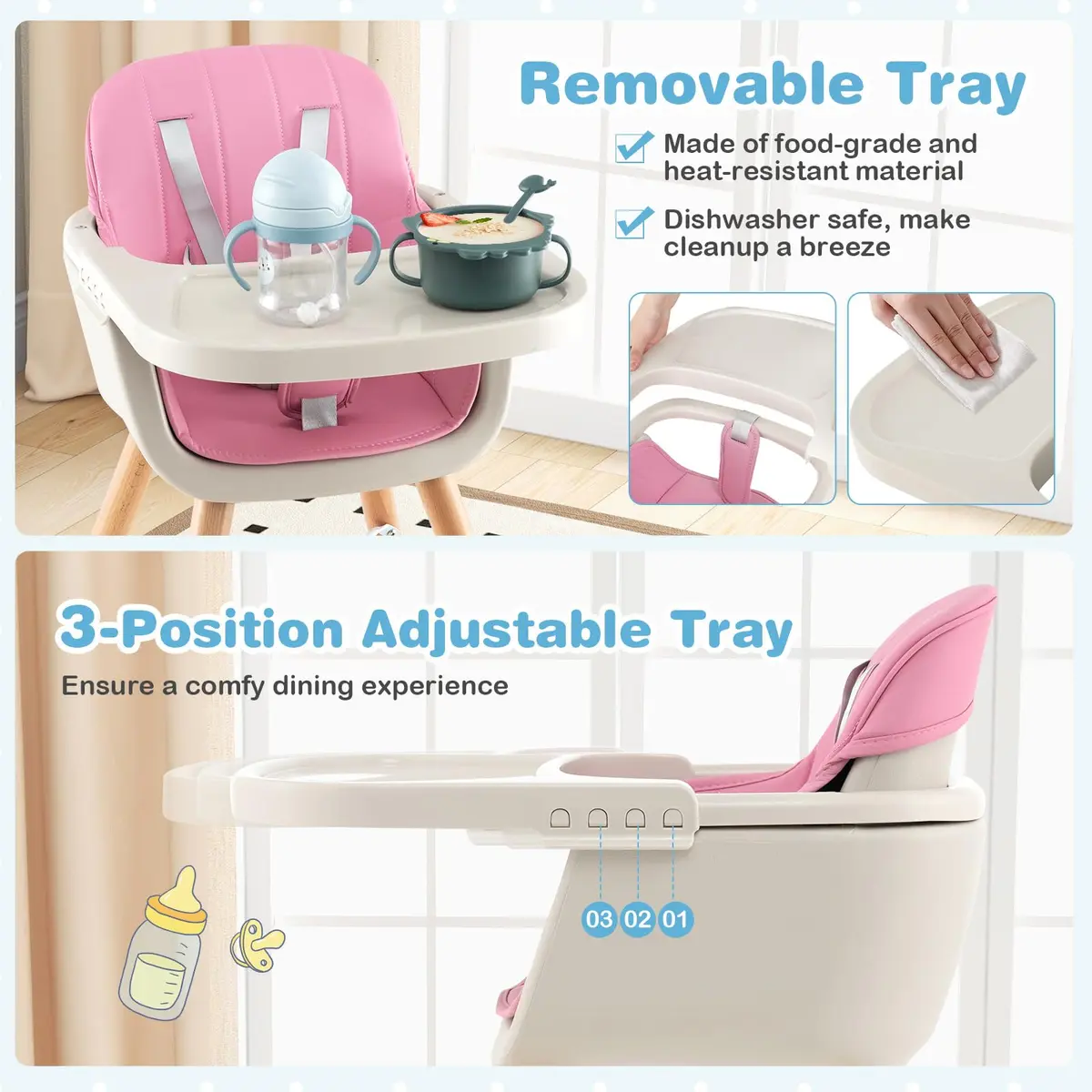 HONEY JOY Baby High Chair, 6-in-1 Wooden Highchair for Babies & Toddlers, Pink | Convertible, Removable Tray & 5-Point Harness - view 5