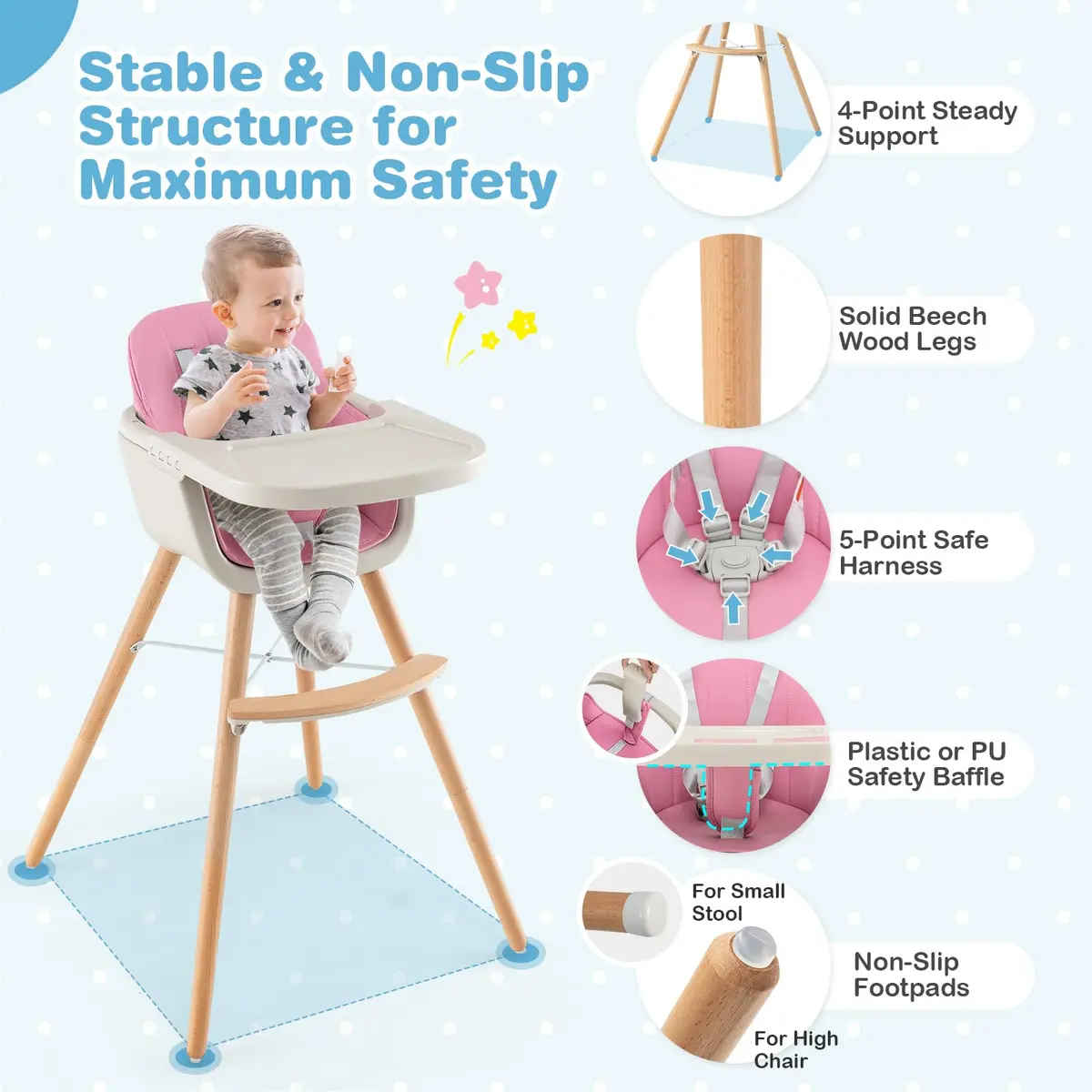 HONEY JOY Baby High Chair, 6-in-1 Wooden Highchair for Babies & Toddlers, Pink | Convertible, Removable Tray & 5-Point Harness - view 6