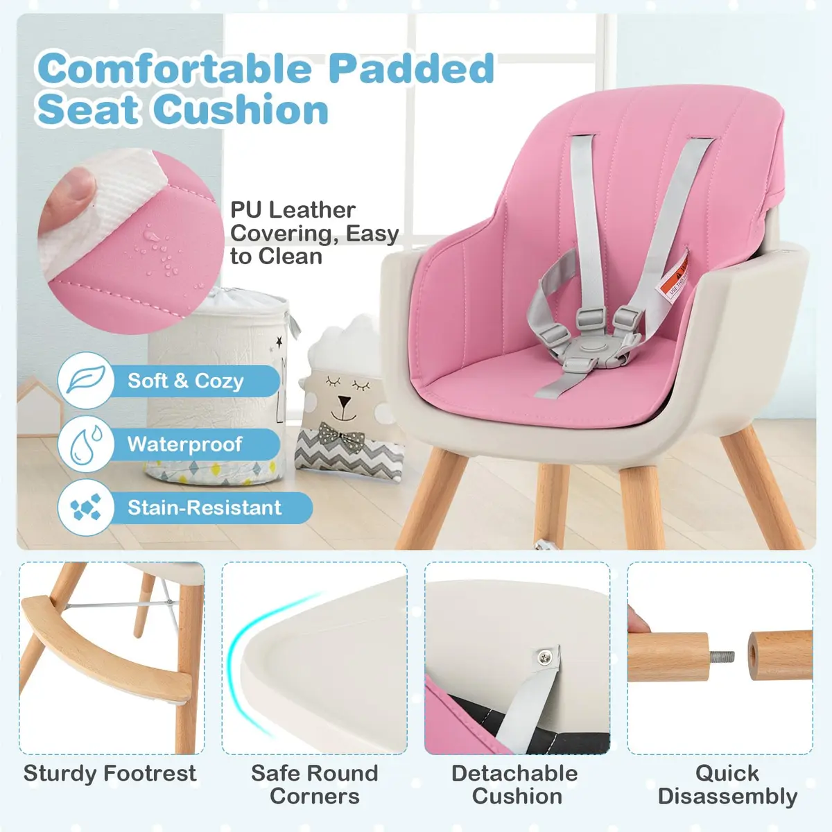 HONEY JOY Baby High Chair, 6-in-1 Wooden Highchair for Babies & Toddlers, Pink | Convertible, Removable Tray & 5-Point Harness - view 7