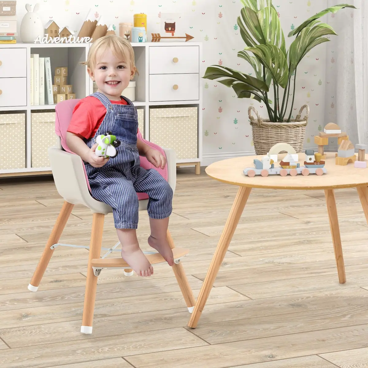 HONEY JOY Baby High Chair, 6-in-1 Wooden Highchair for Babies & Toddlers, Pink | Convertible, Removable Tray & 5-Point Harness - view 8