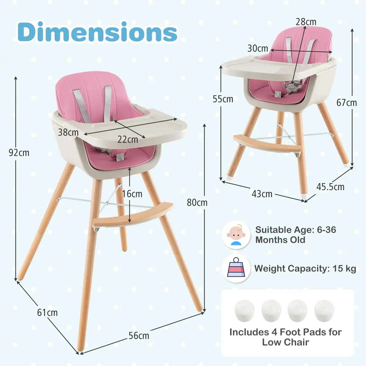 HONEY JOY Baby High Chair, 6-in-1 Wooden Highchair for Babies & Toddlers, Pink | Convertible, Removable Tray & 5-Point Harness - view 9