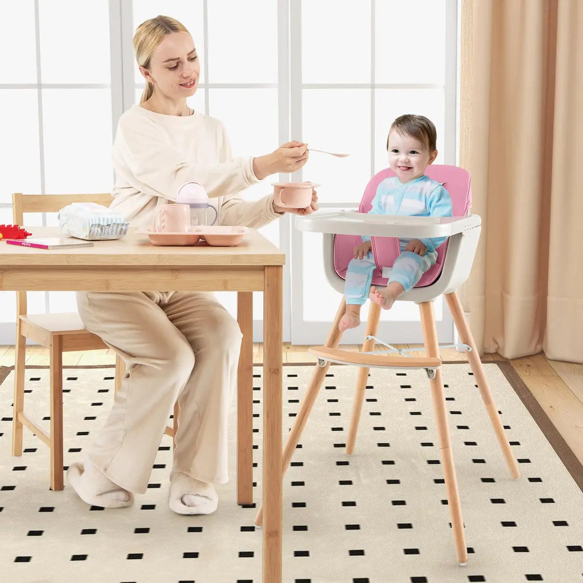 HONEY JOY Baby High Chair, 6-in-1 Wooden Highchair for Babies & Toddlers, Pink | Convertible, Removable Tray & 5-Point Harness - view 2