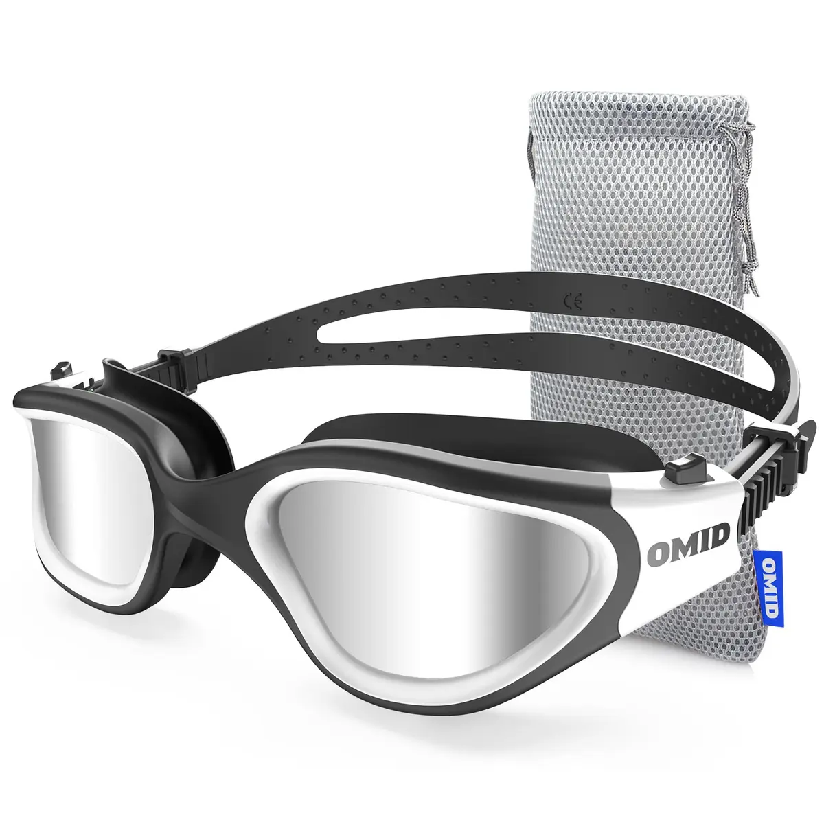OMID Polarized Swim Goggles with Anti-Fog & UV Protection | Silver Lens, Black/White Frame (1.93 in Height) - main product image