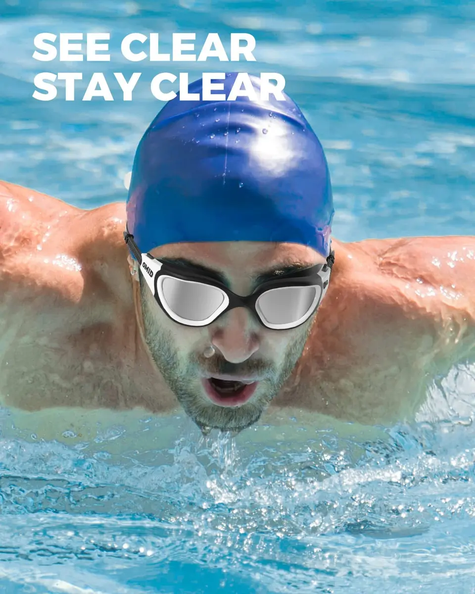 OMID Polarized Swim Goggles with Anti-Fog & UV Protection | Silver Lens, Black/White Frame (1.93 in Height) - view 6