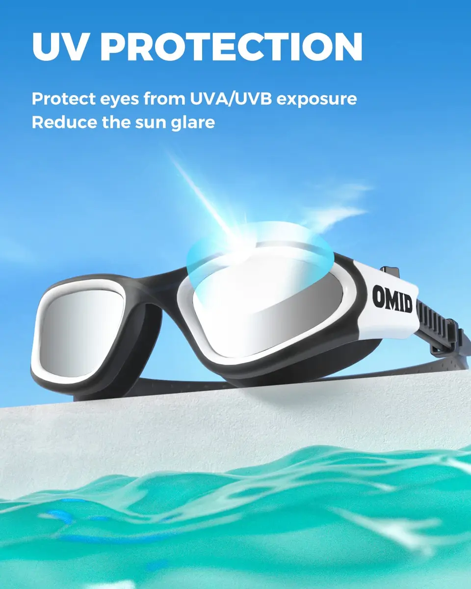 OMID Polarized Swim Goggles with Anti-Fog & UV Protection | Silver Lens, Black/White Frame (1.93 in Height) - view 3
