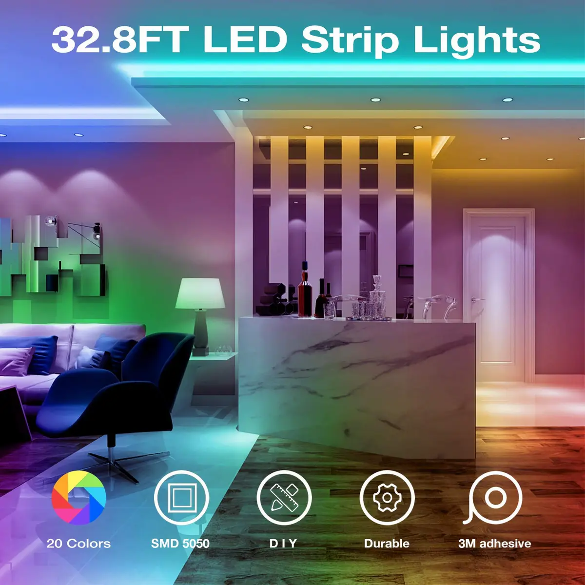 DAYBETTER 32.8 ft LED Strip Lights Color Changing | Remote & Power Supply Kit for Indoor Use - view 2