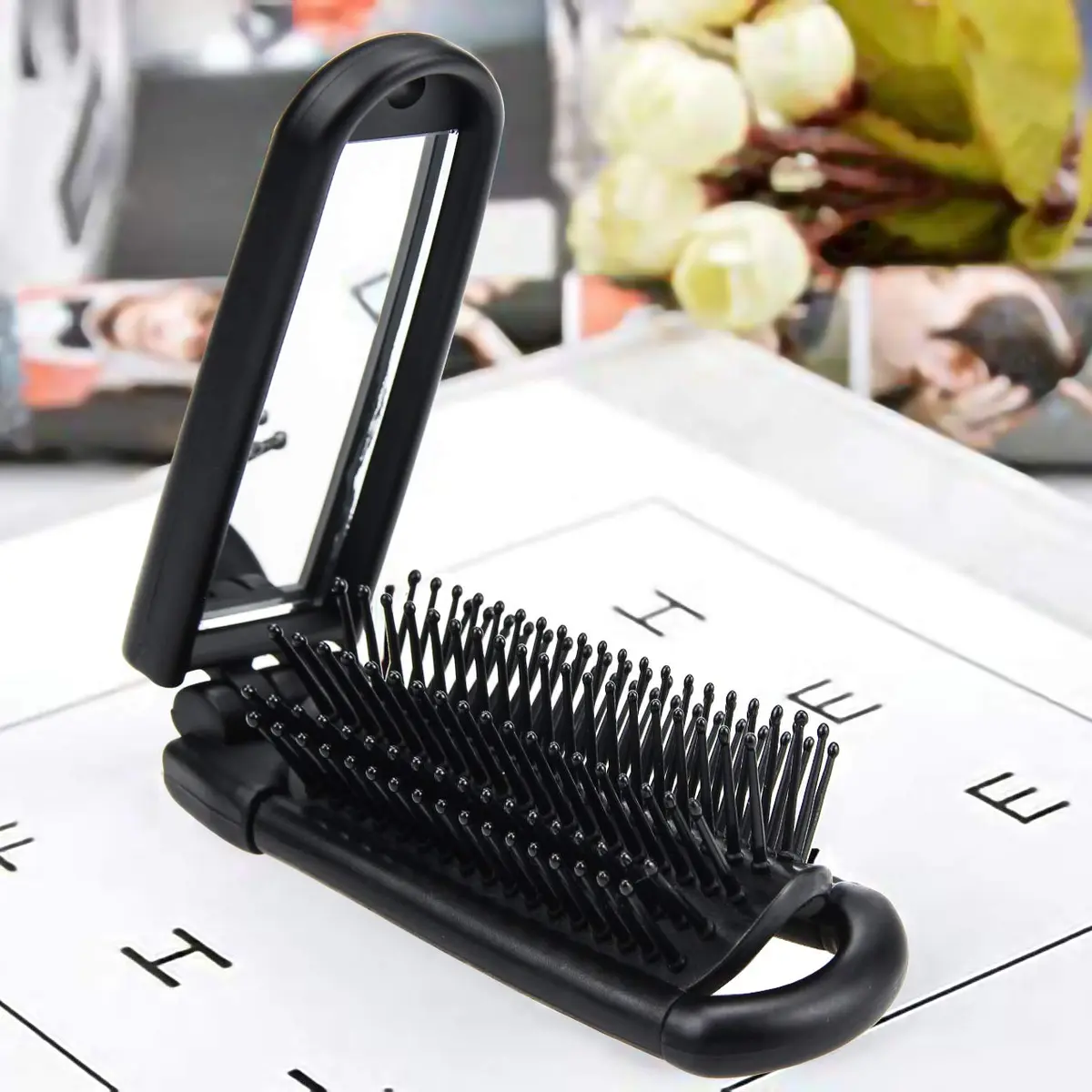 Ancable Travel Hair Brush for Women, Mini Folding Hair Brush for Wet & Dry, Ultrasoft Small Pocket Mirror Brush for All Hair Types, Black - view 7