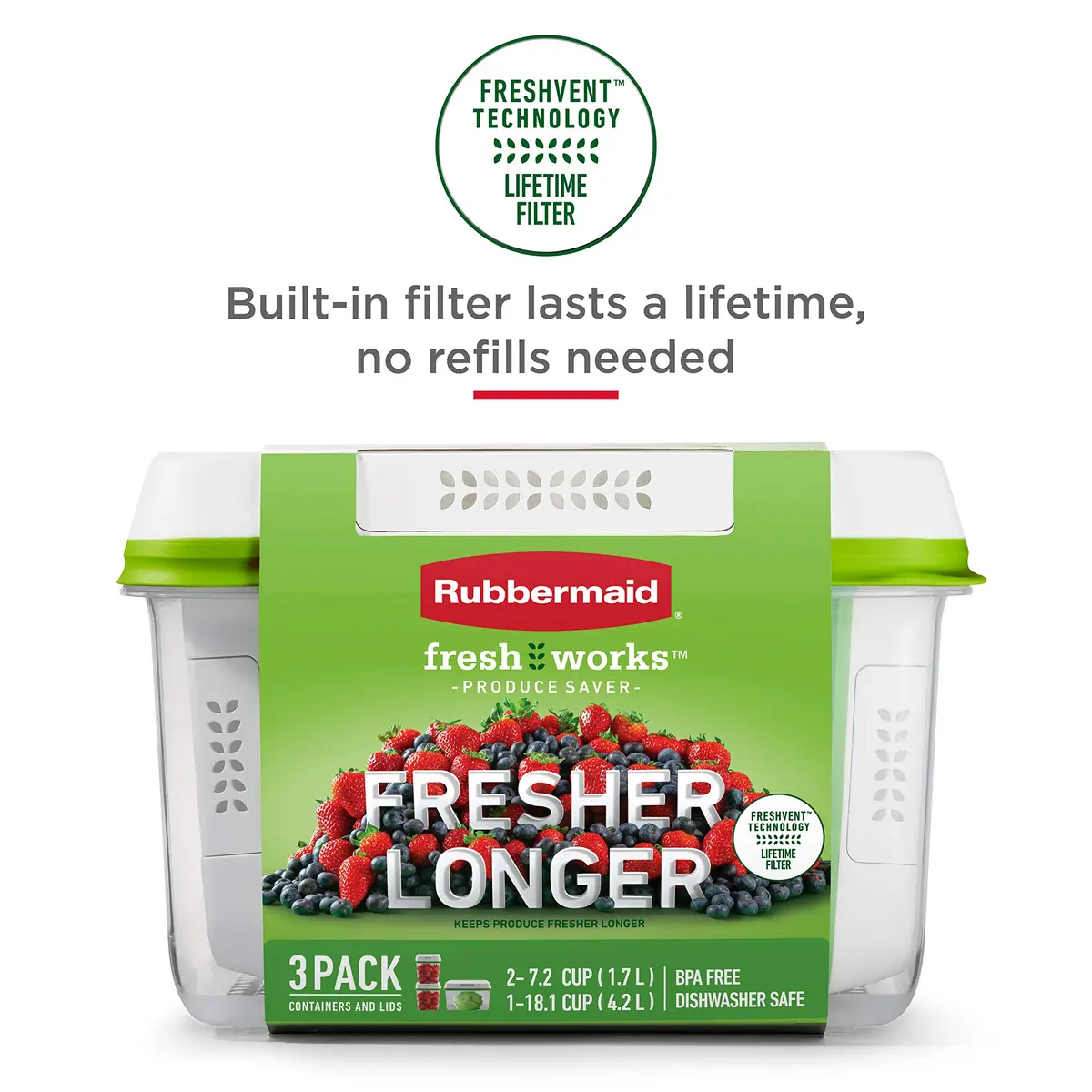 Rubbermaid FreshWorks Produce Saver Food Storage Containers, 4-Piece Set, 2.67L (11.3 Cup) & 5.35L (18.1 Cup) | Keeps Produce Fresher Longer with FreshVent Technology - view 4