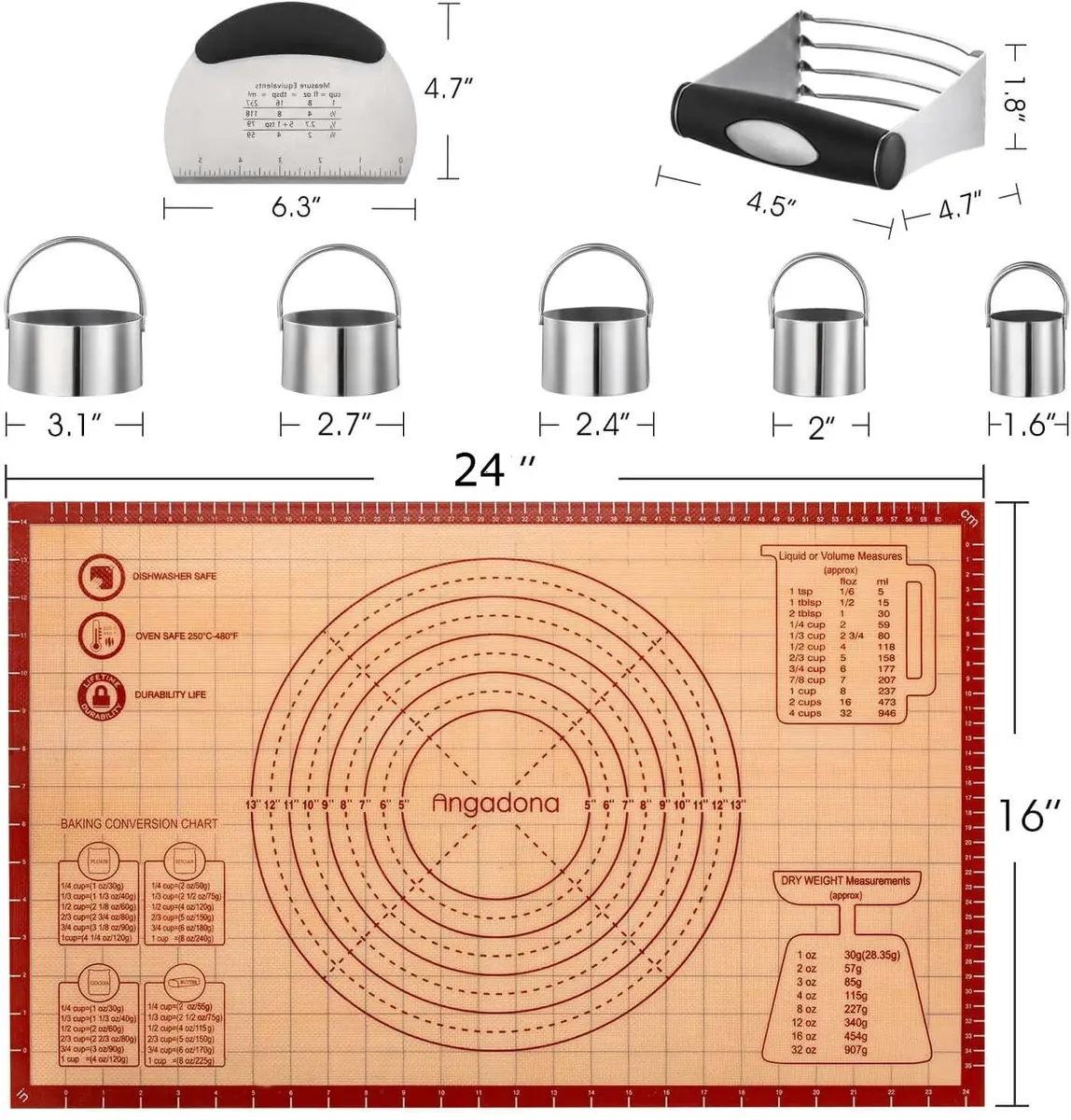 Angadona Complete Pastry Tool Set with Silicone Baking Mat, Biscuit Cutters, Dough Blender & Scraper | 8-Piece Set - view 2