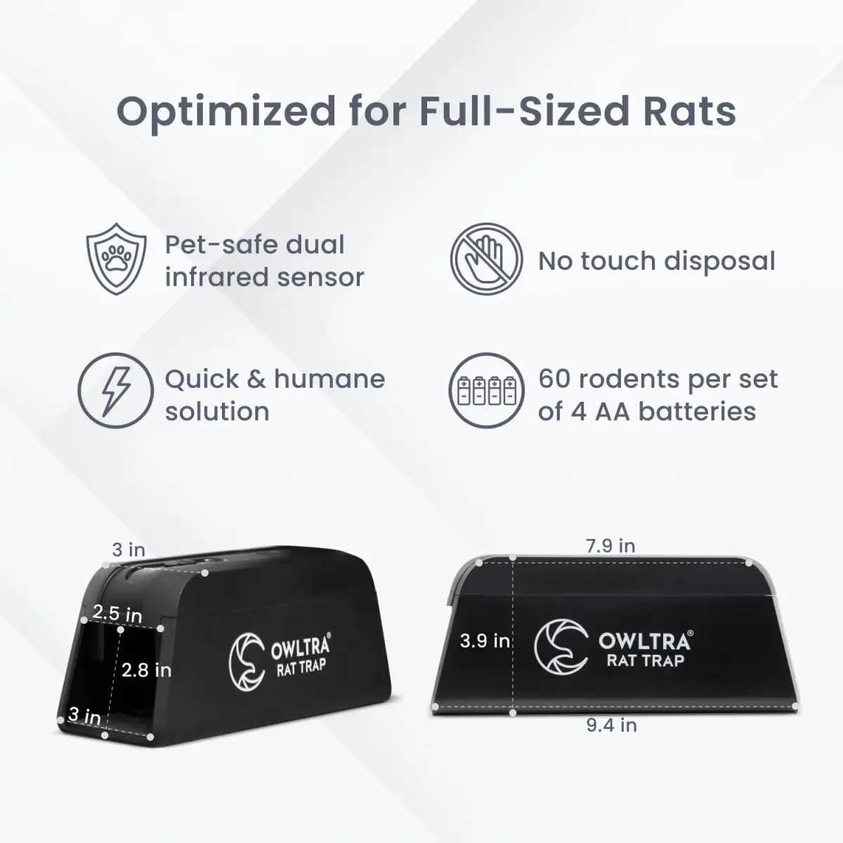 OWLTRA OW-1 Electric Rat Trap with Pet-Safe Trigger | 10.39 cm (4.09 in) x 12.80 cm (5.04 in) x 27.79 cm (10.94 in) - view 2