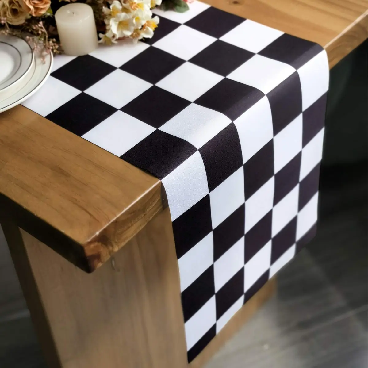 Letjolt Black White Checkered Table Runner 12 x 72 inches Racing Party - main product image