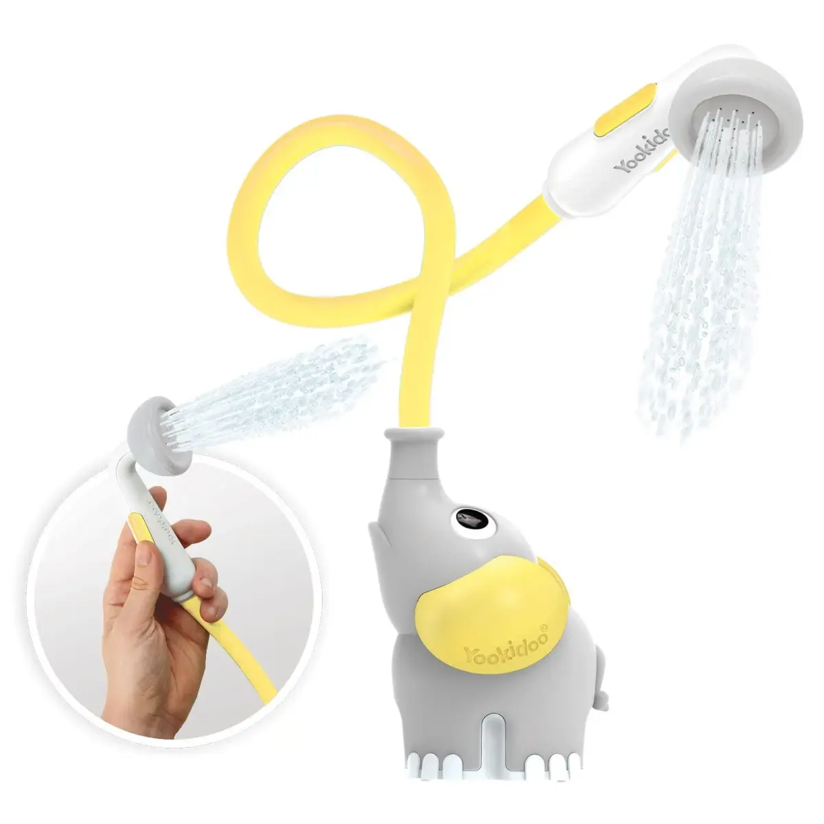 Yookidoo Elephant Baby Bath Shower Head with Water Pump & Trunk Spout Sprayer, Yellow | One-Handed Flow Control for Newborns - main product image