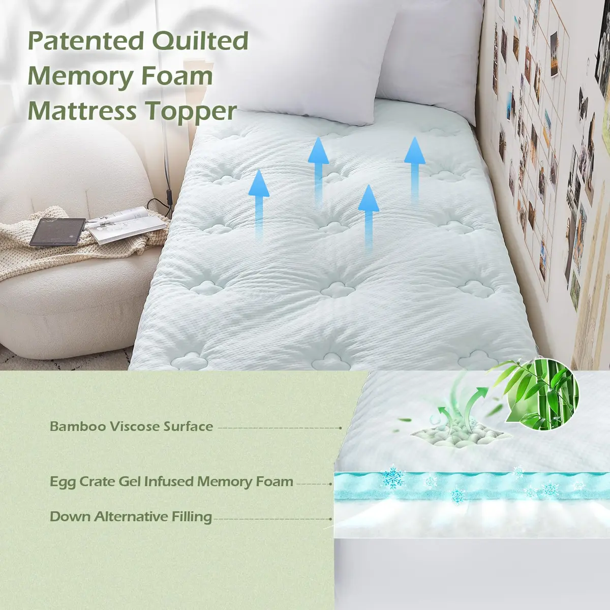 Hansleep Twin Memory Foam Mattress Topper with Gel-Infused Pillow Top Pad 99cm x 190.5cm (39" x 75") | Breathable & Supportive for Back Pain Relief - view 2