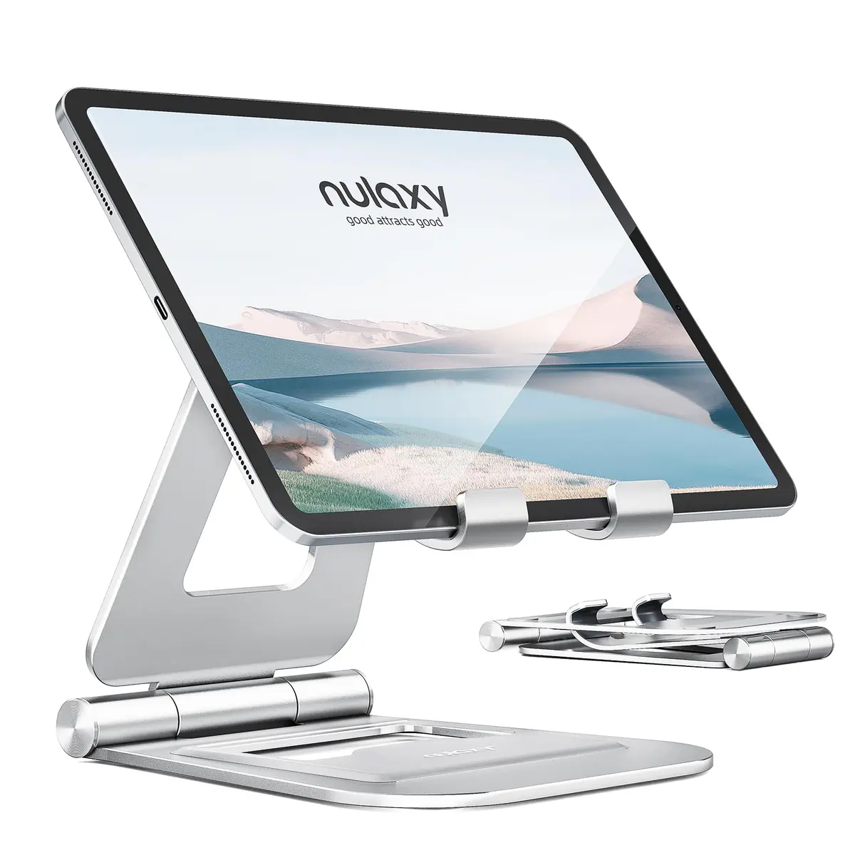 Nulaxy Dual Adjustable Foldable iPad Stand, Full Aluminum, Silver | Universal Compatibility & Sturdy Aluminum Design - main product image