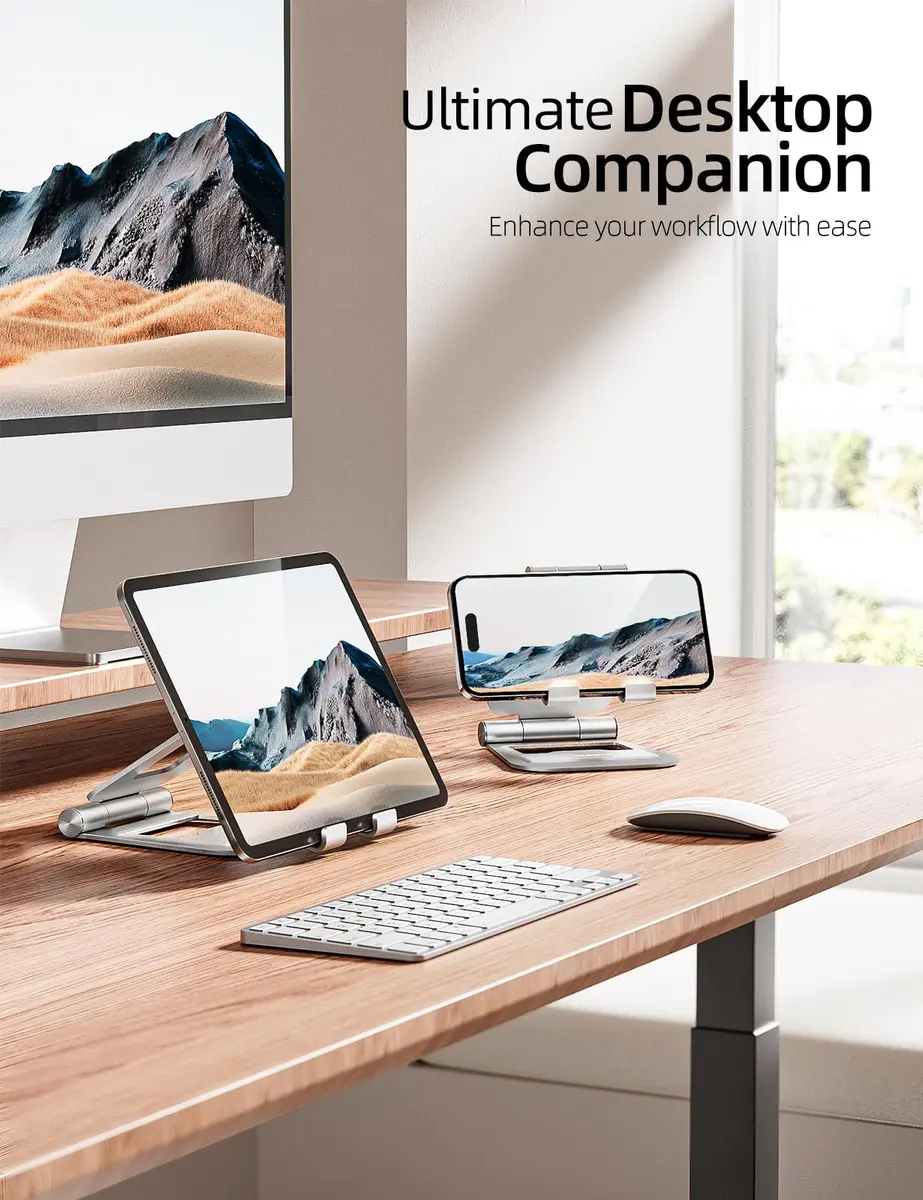 Nulaxy Dual Adjustable Foldable iPad Stand, Full Aluminum, Silver | Universal Compatibility & Sturdy Aluminum Design - view 5
