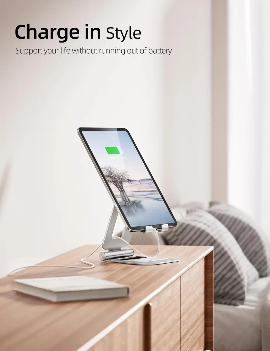 Nulaxy Dual Adjustable Foldable iPad Stand, Full Aluminum, Silver | Universal Compatibility & Sturdy Aluminum Design - view 2