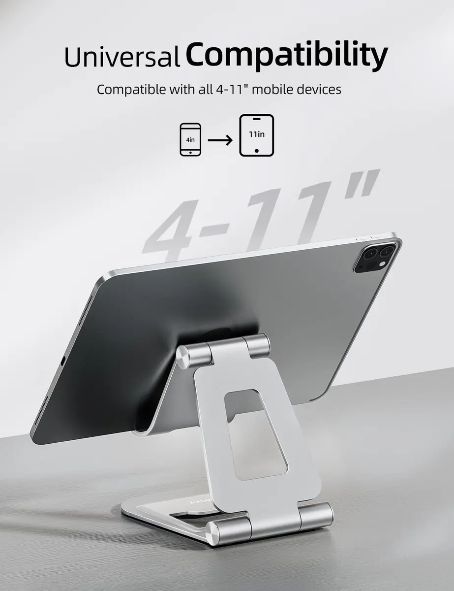 Nulaxy Dual Adjustable Foldable iPad Stand, Full Aluminum, Silver | Universal Compatibility & Sturdy Aluminum Design - view 3