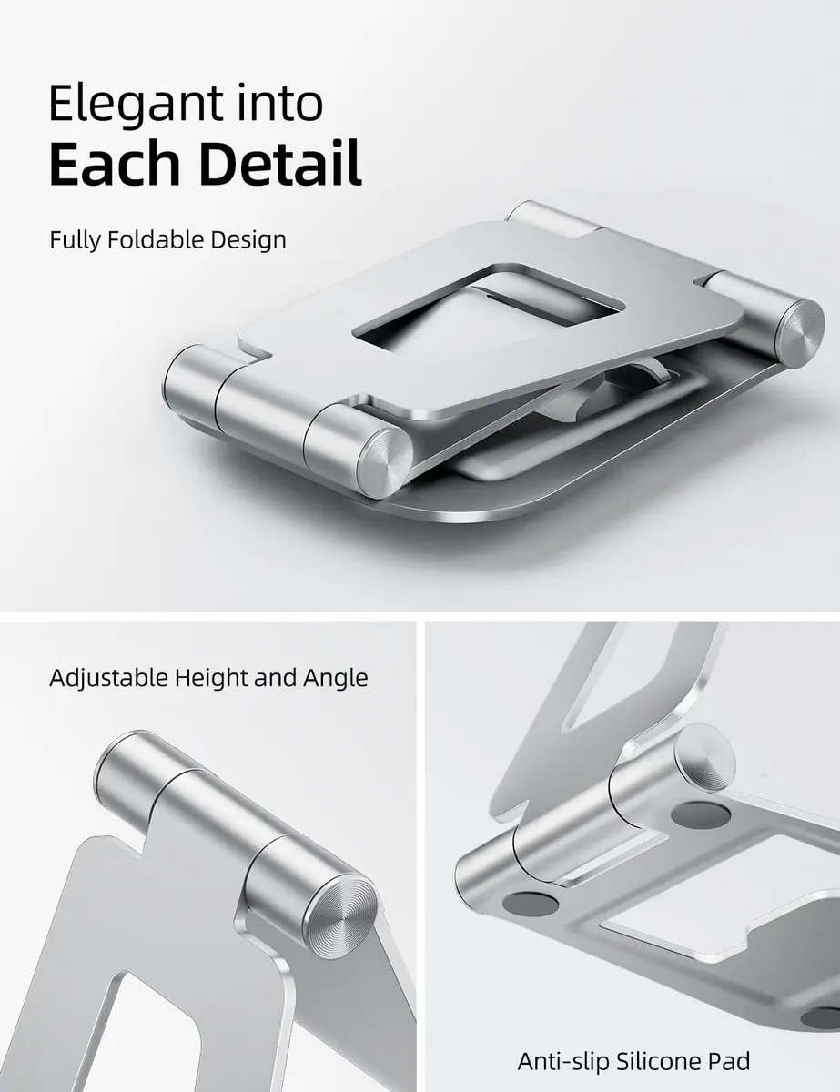 Nulaxy Dual Adjustable Foldable iPad Stand, Full Aluminum, Silver | Universal Compatibility & Sturdy Aluminum Design - view 4