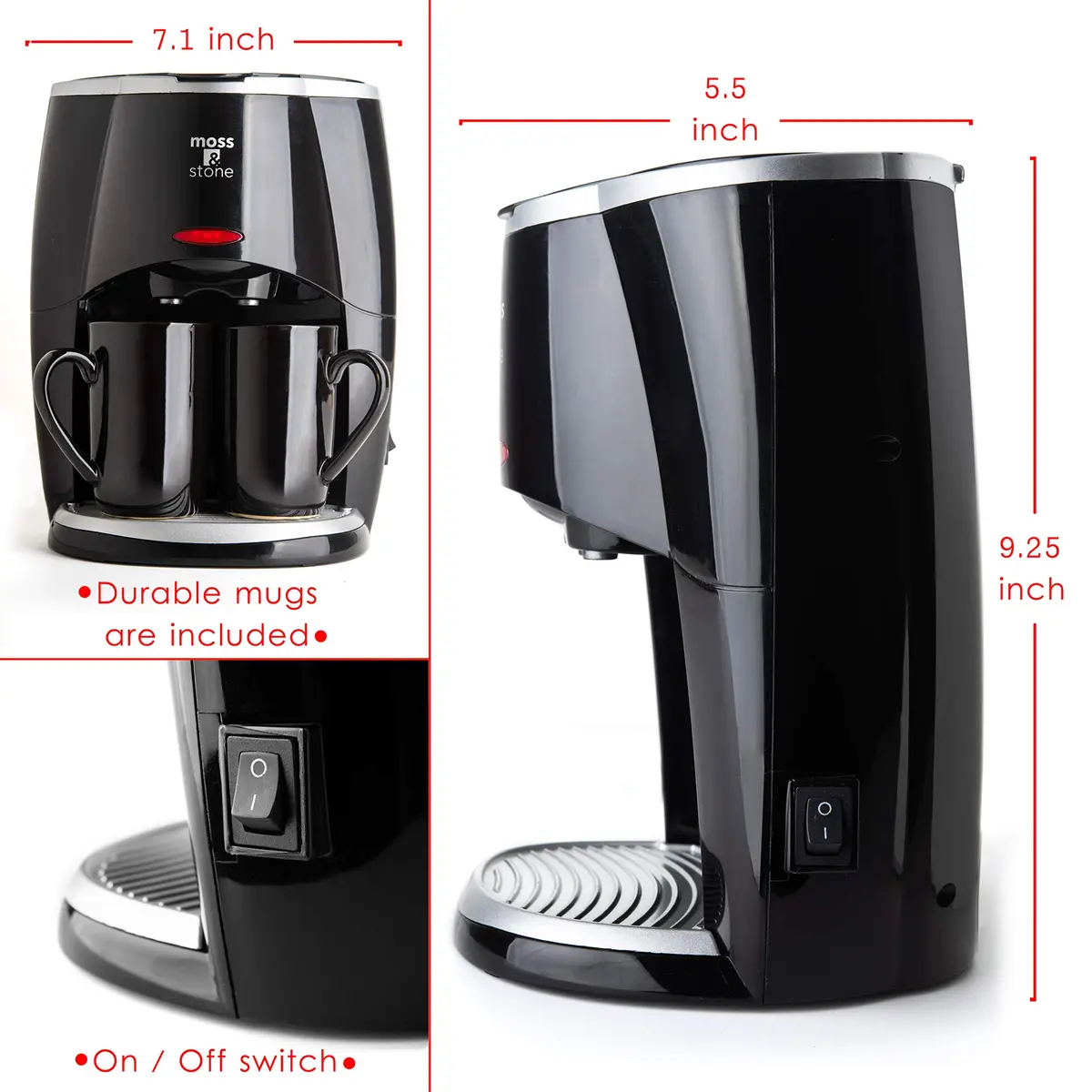 Moss & Stone Mini Drip Coffee Maker with 2 Mugs, 5oz Capacity | Compact Single Serve Brewer - view 2