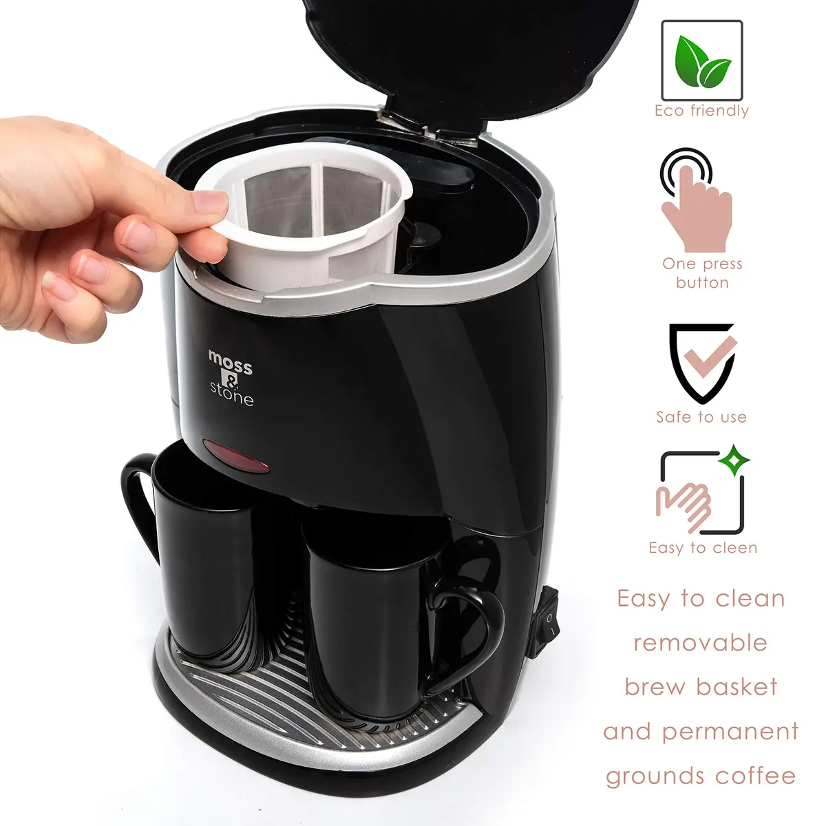 Moss & Stone Mini Drip Coffee Maker with 2 Mugs, 5oz Capacity | Compact Single Serve Brewer - view 4