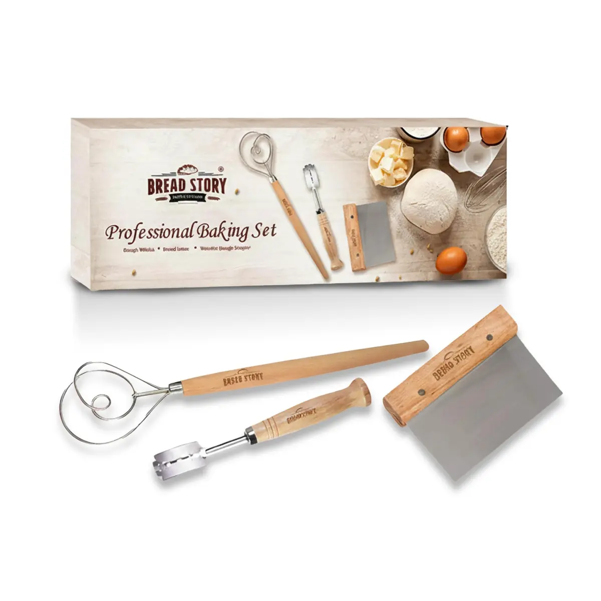 Bread Story Danish Dough Whisk Set with Wooden Scraper & Lame Tool | 3-Piece Artisan Baking Kit - main product image