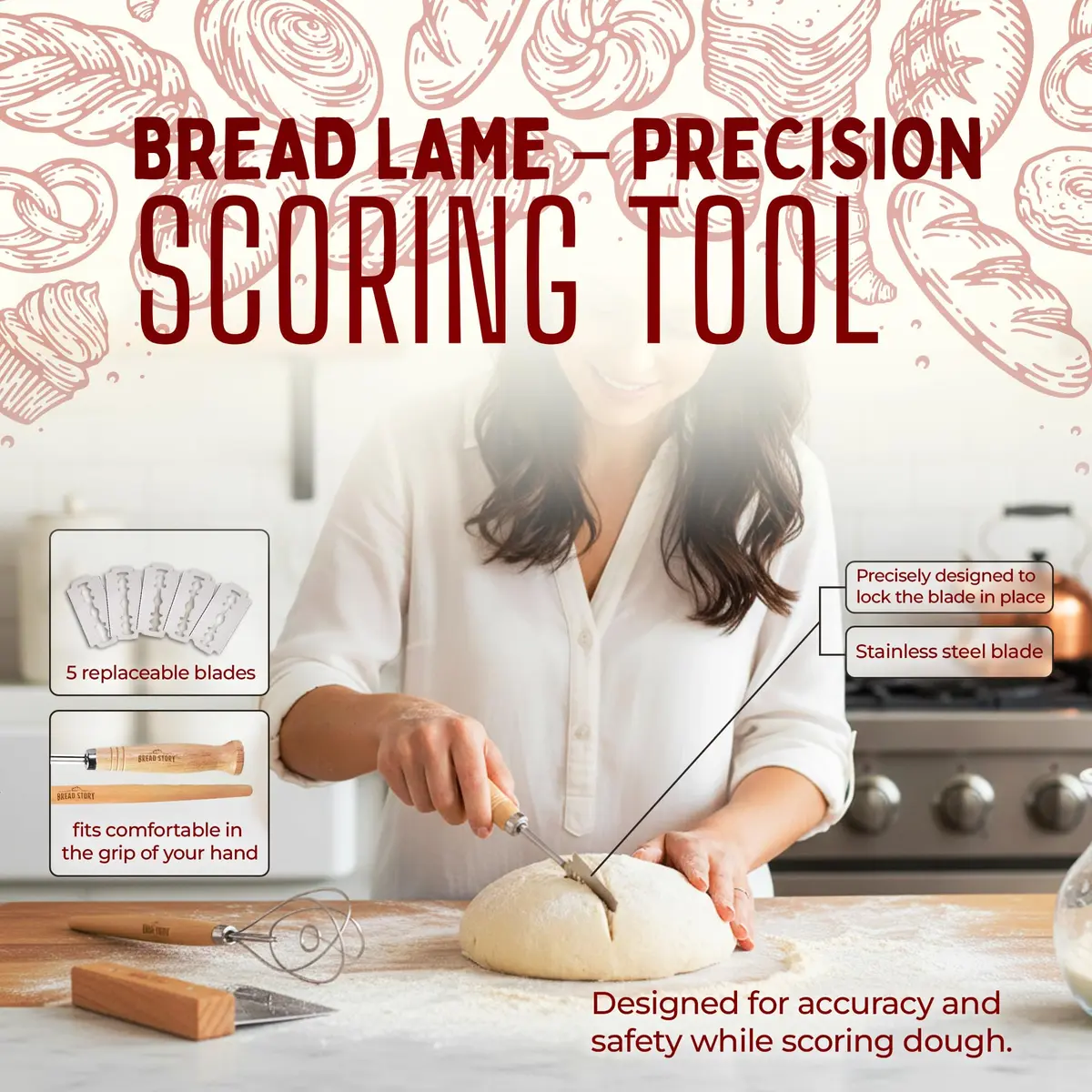 Bread Story Danish Dough Whisk Set with Wooden Scraper & Lame Tool | 3-Piece Artisan Baking Kit - view 5