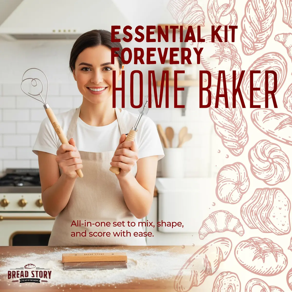 Bread Story Danish Dough Whisk Set with Wooden Scraper & Lame Tool | 3-Piece Artisan Baking Kit - view 8