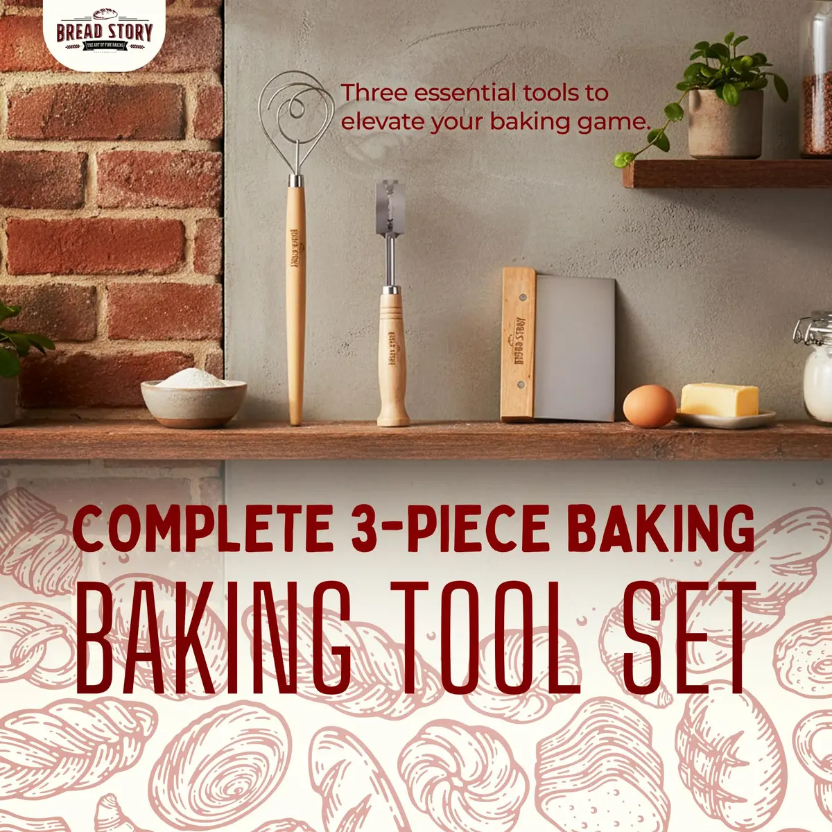 Bread Story Danish Dough Whisk Set with Wooden Scraper & Lame Tool | 3-Piece Artisan Baking Kit - view 2