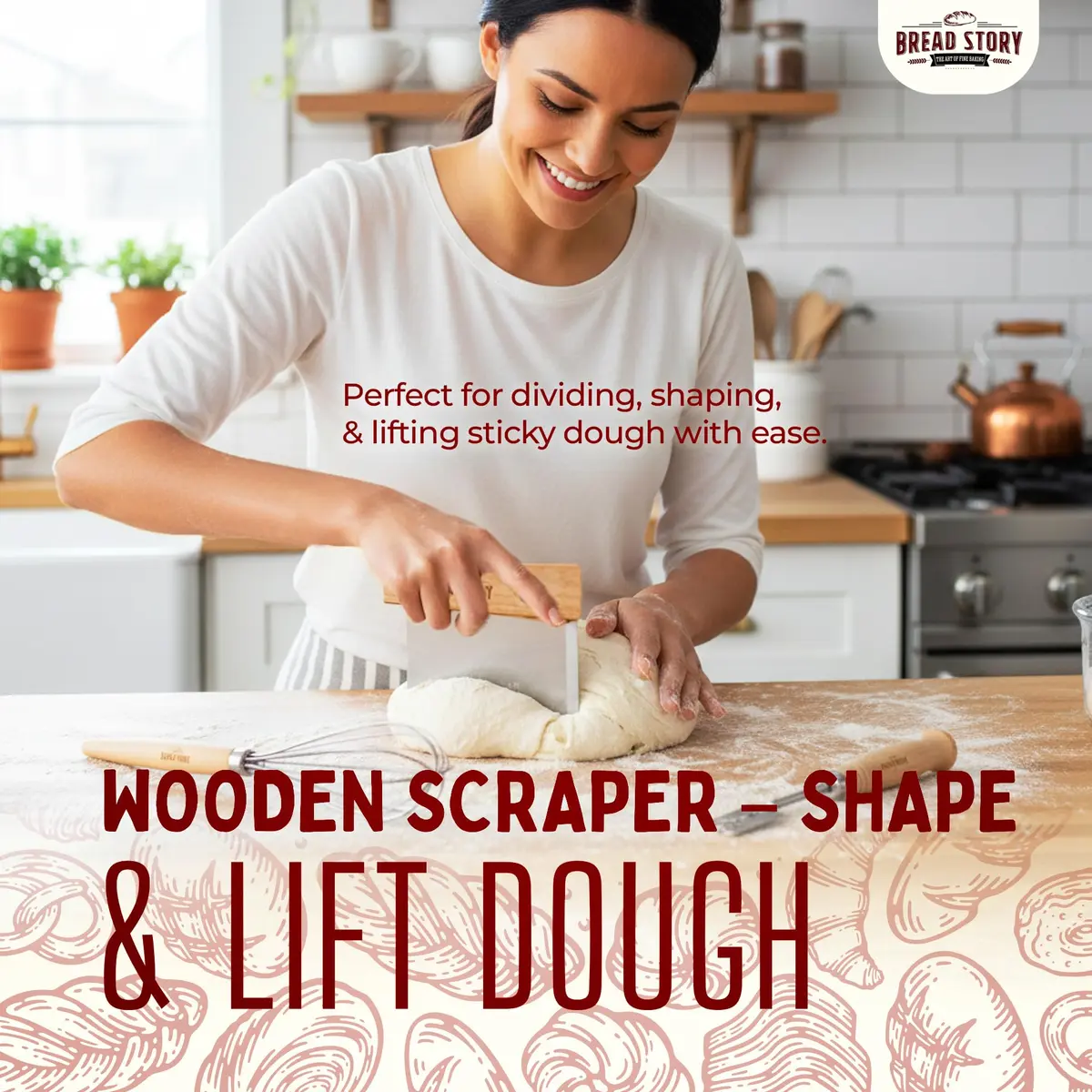 Bread Story Danish Dough Whisk Set with Wooden Scraper & Lame Tool | 3-Piece Artisan Baking Kit - view 3
