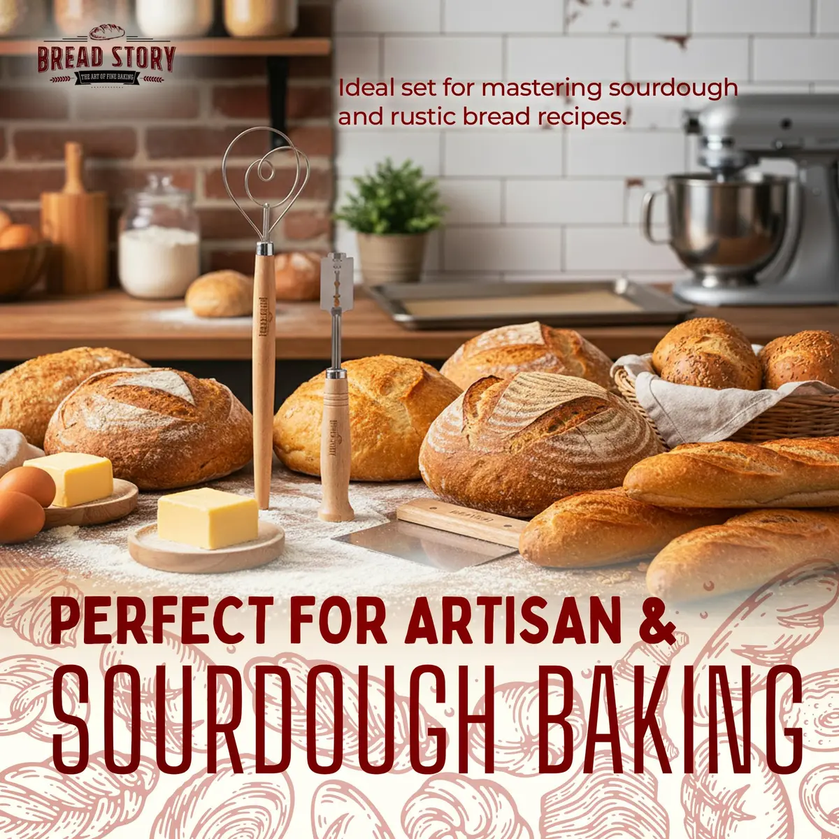 Bread Story Danish Dough Whisk Set with Wooden Scraper & Lame Tool | 3-Piece Artisan Baking Kit - view 4