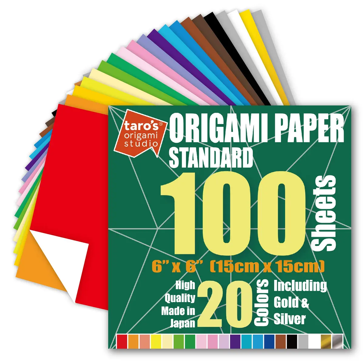 [Taro's Origami Studio] Standard 6 Inch One Sided 20 Colors 100 Sheets Square Easy Fold Premium Japanese Paper for Beginner (Gold and Silver Included) Made in Japan - main product image