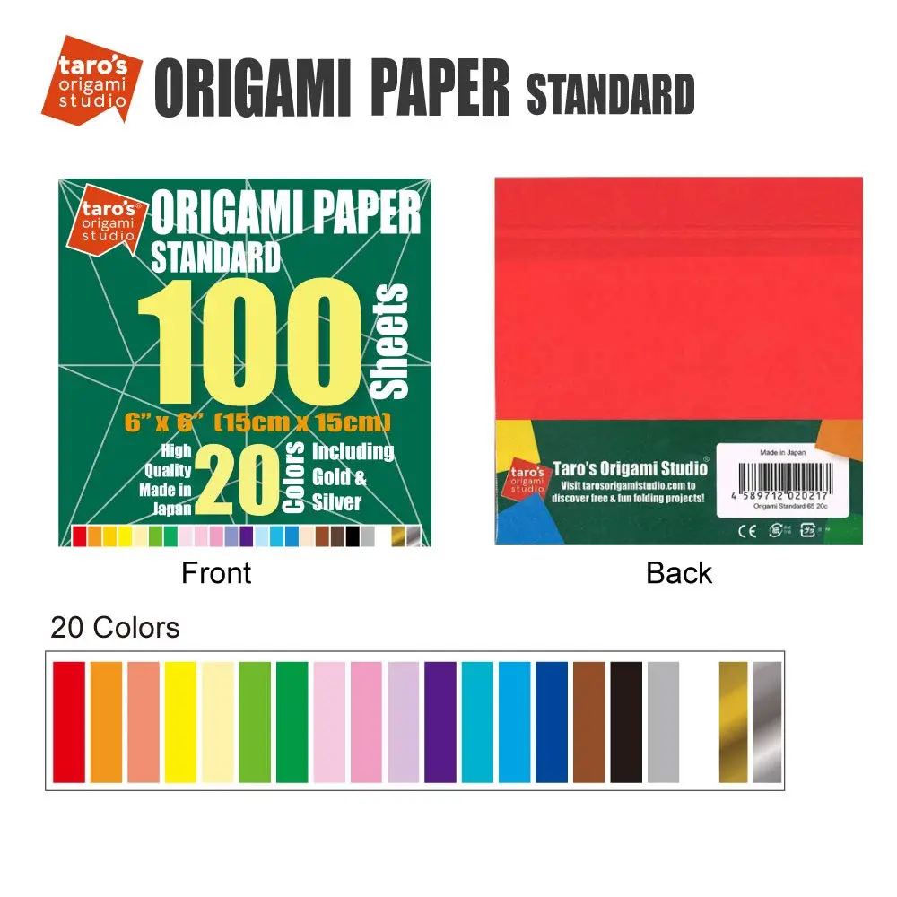 [Taro's Origami Studio] Standard 6 Inch One Sided 20 Colors 100 Sheets Square Easy Fold Premium Japanese Paper for Beginner (Gold and Silver Included) Made in Japan - view 2
