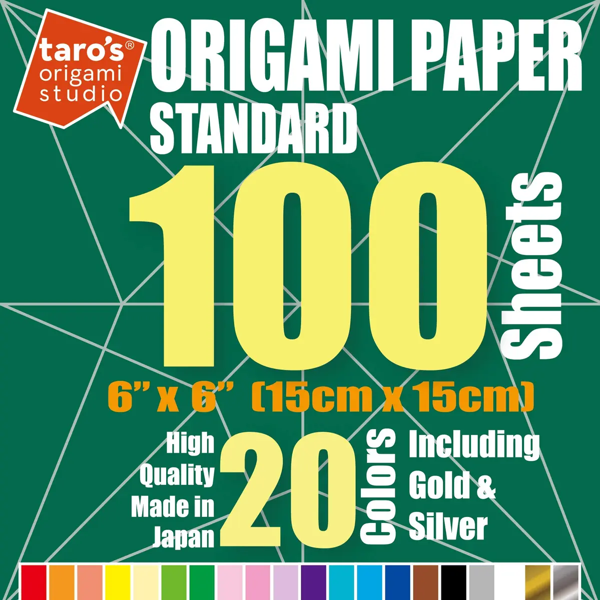 [Taro's Origami Studio] Standard 6 Inch One Sided 20 Colors 100 Sheets Square Easy Fold Premium Japanese Paper for Beginner (Gold and Silver Included) Made in Japan - view 4
