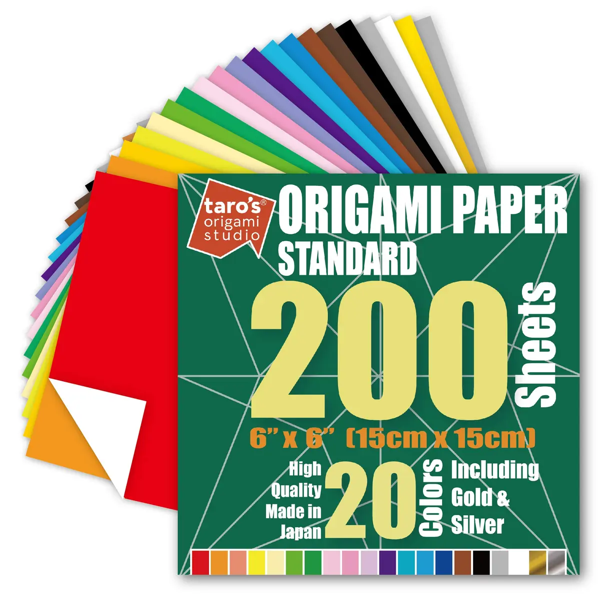 [Taro's Origami Studio] Standard 6 Inch One Sided 20 Colors 200 Sheets Square Easy Fold Premium Japanese Paper for Beginner (Gold and Silver Included) Made in Japan - main product image
