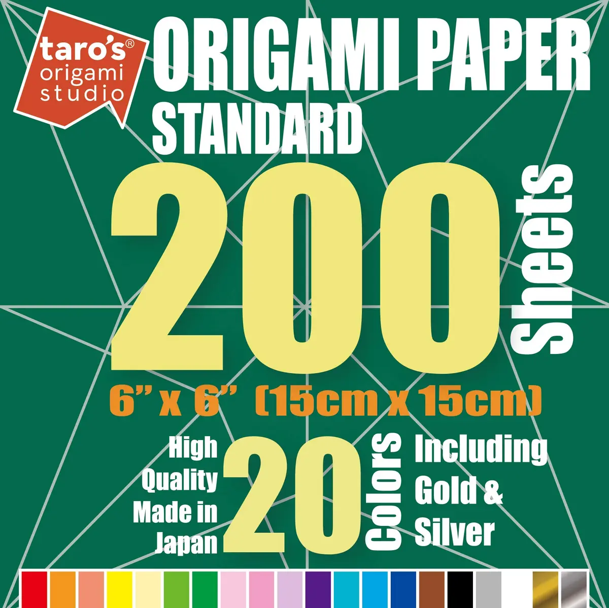 [Taro's Origami Studio] Standard 6 Inch One Sided 20 Colors 200 Sheets Square Easy Fold Premium Japanese Paper for Beginner (Gold and Silver Included) Made in Japan - view 3