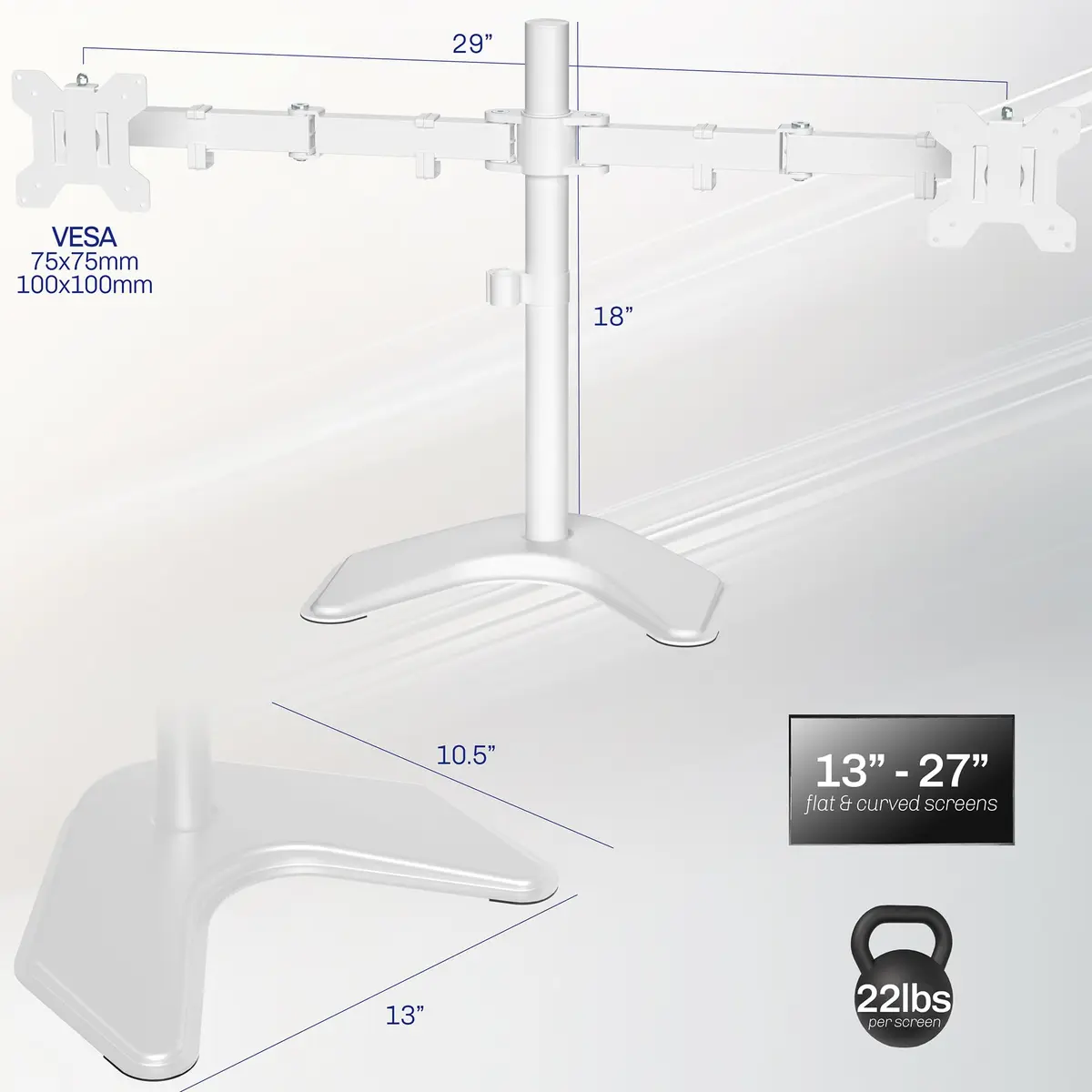 VIVO Dual LCD Monitor Free-Standing Desk Stand | Supports 13-27" Monitors, Up to 22 lbs, Adjustable Articulation, Extra Large Base - view 3
