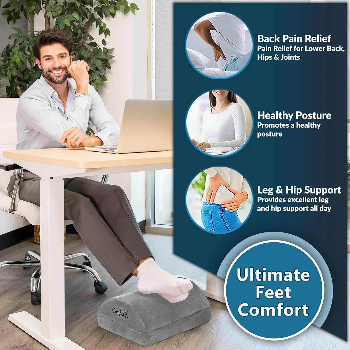 ComfiLife Foot Rest for Under Desk at Work | Adjustable Memory Foam Foot Stool for Back & Hip Pain Relief (Gray) - view 4