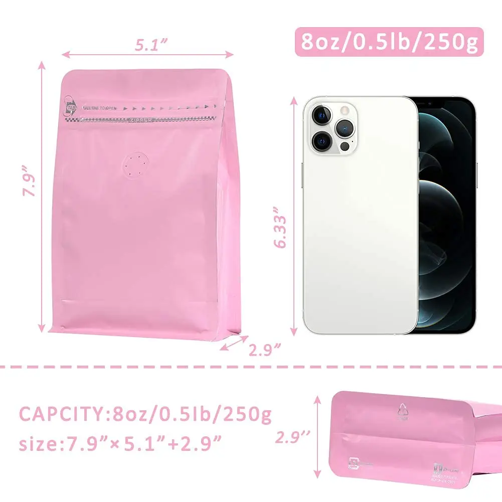 REMTAP Pink 8oz (227g) Coffee Bags with Valve & Zipper | 50 Count Flat Bottom Pouches - view 2